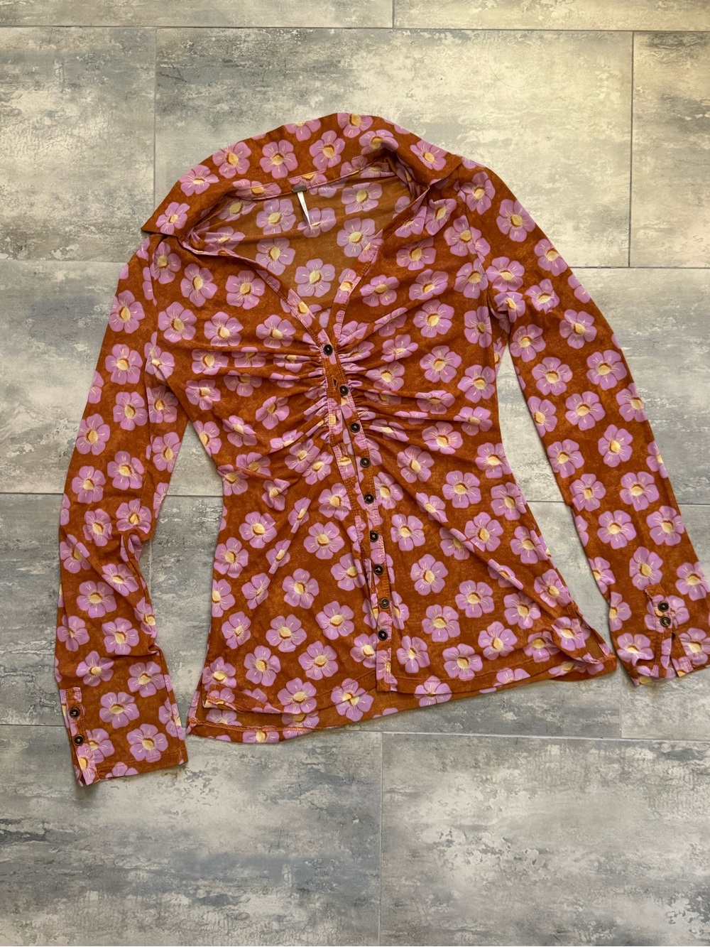 Free People Rust Button-Down Top with Pink Floral Print